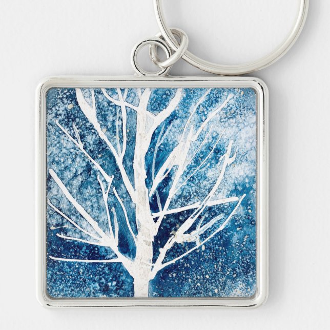 Winter white birch tree Christmas Keychain (Front)