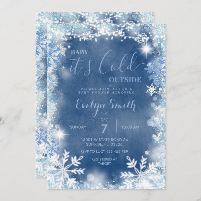 Winter White Blue Cold Outside Snowflakes Invitation (Front/Back)