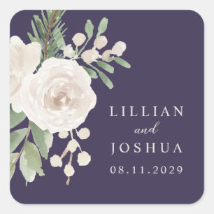 Winter White Botanical Purple Wedding Square Sticker