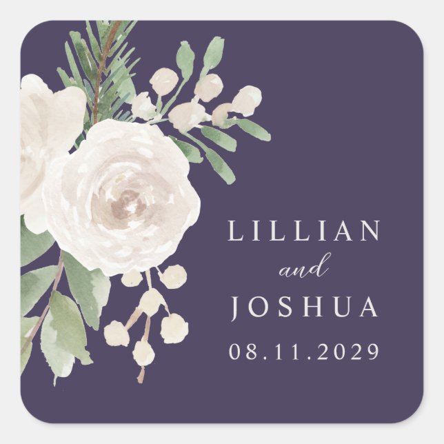 Winter White Botanical Purple Wedding Square Sticker (Front)