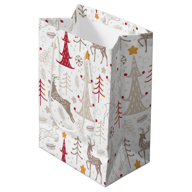 Winter White, Christmas Tree and Deer Medium Gift Bag (Front Angled)