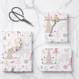 Winter White, Christmas Tree and Deer Wrapping Paper Sheet