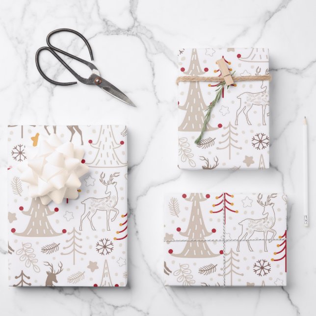 Winter White, Christmas Tree and Deer Wrapping Paper Sheet (Front)