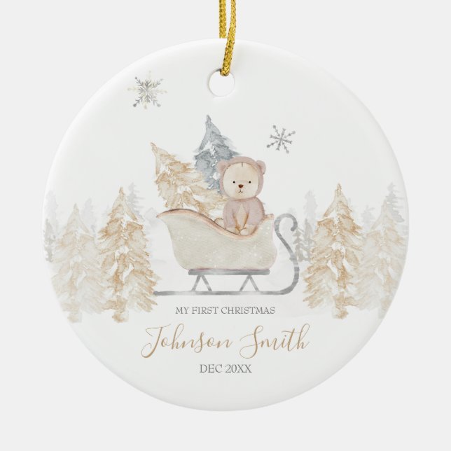 Winter White Cute Bear Mountain First Christmas Ceramic Ornament (Front)