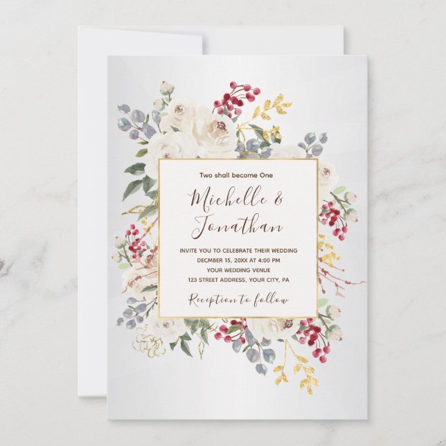 Winter White Floral All in One Christian Wedding Invitation (Front)