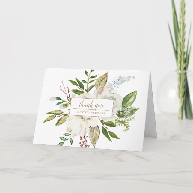 Winter White Floral Blank Wedding Thank You Card (Front)