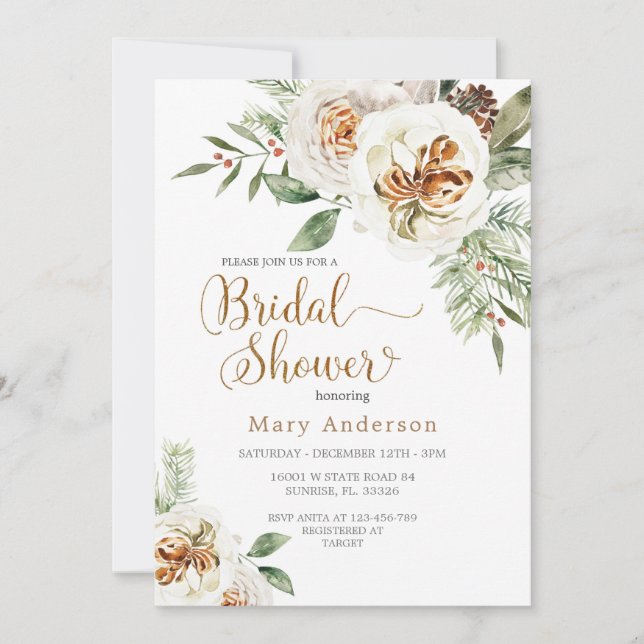 Winter White Floral Bridal Shower Invitation  (Front)