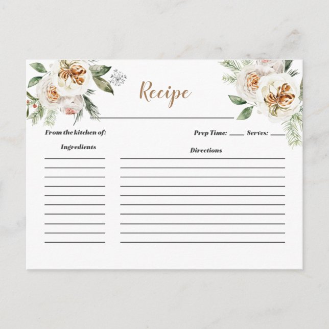 Winter White Floral Bridal Shower Recipe card (Front)
