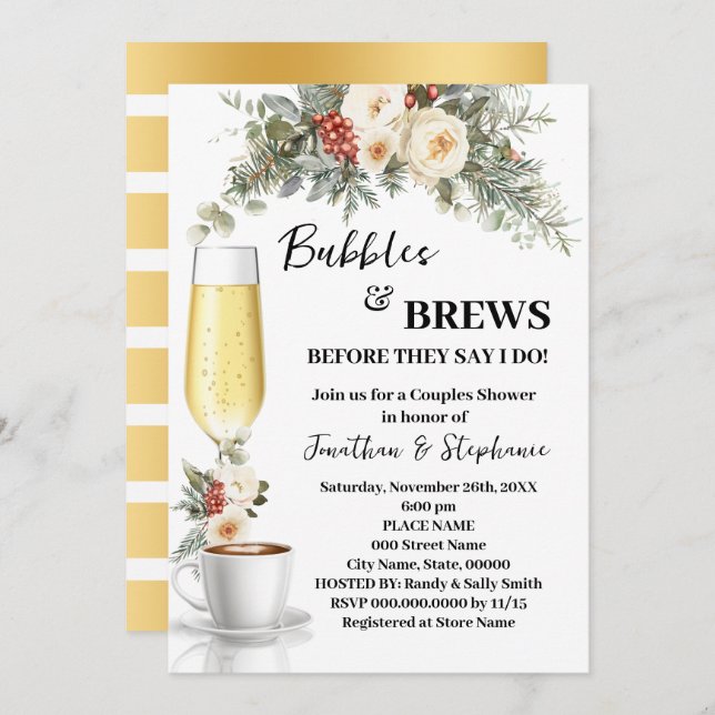 Winter White Floral Bubbles & Brews Coffee Shower Invitation (Front/Back)