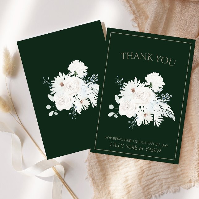 Winter White Floral Green Christmas Wedding Thank You Card (Winter White Floral Green Christmas Wedding Thank You Card)