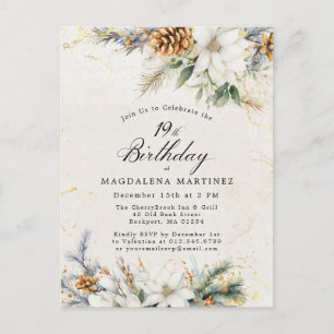 Winter White Floral Greenery 19th Birthday Invitation Postcard