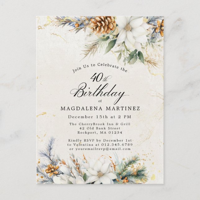 Winter White Floral Greenery 40th Birthday Invitation Postcard (Front)
