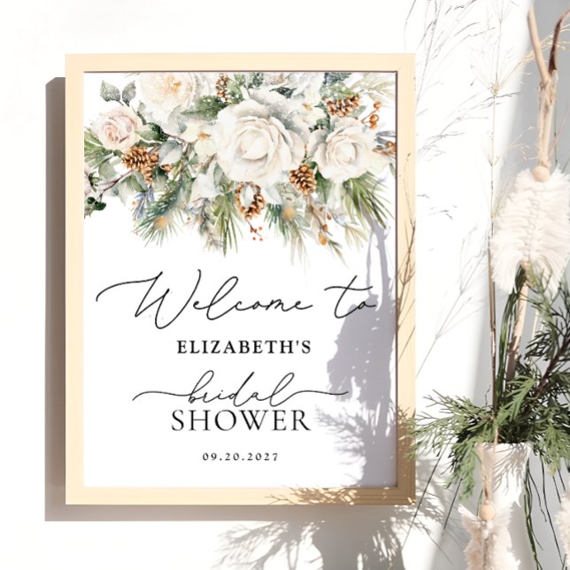Winter White Floral Greenery Bridal Shower Welcome Poster (Creator Uploaded)