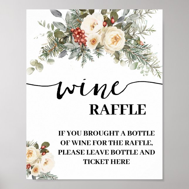 Winter White Floral Leave Wine Bottle Here Card Poster (Front)