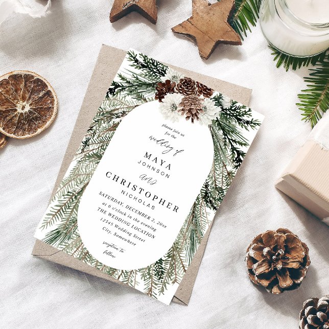 Winter White Floral & Pine 2 Wedding Invitation (Creator Uploaded)