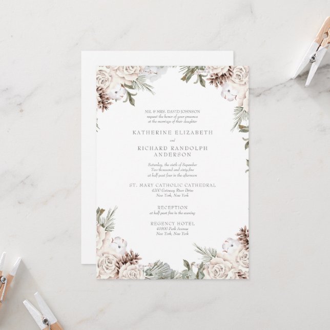 Winter White Floral Pine Cone Elegant Wedding Invitation (Front/Back In Situ)