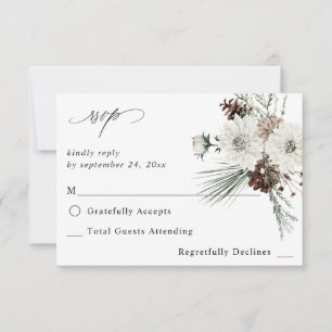 Winter White Floral & Pine no Meal RSVP 3 Card