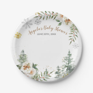 Winter White Floral Pine Trees Paper Plates