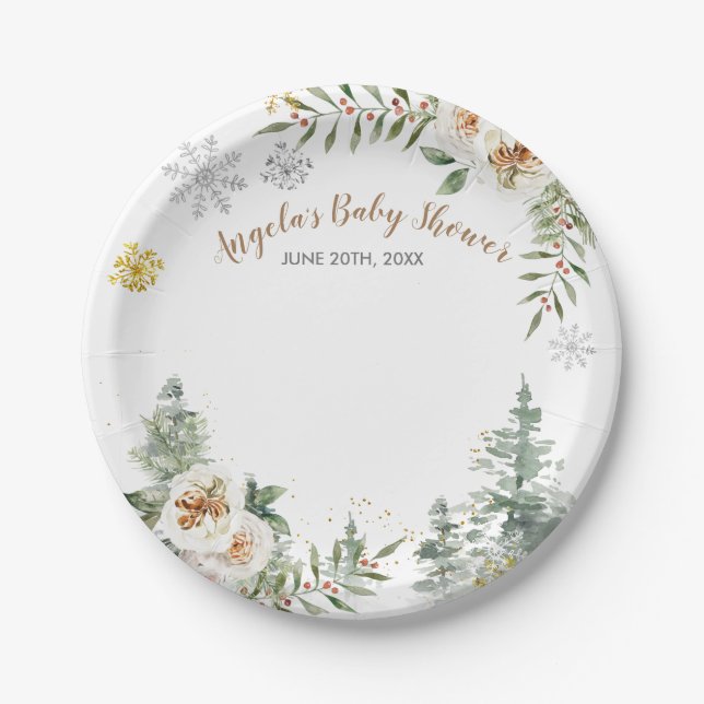 Winter White Floral Pine Trees Paper Plates (Front)