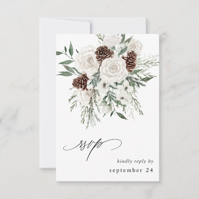 Winter White Floral & Pine w Meal RSVP 3 Card (Front)