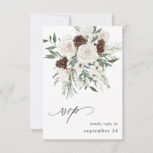 Winter White Floral & Pine w Meal RSVP 3 Card