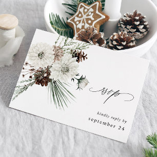 Winter White Floral & Pine w Meal RSVP  Card
