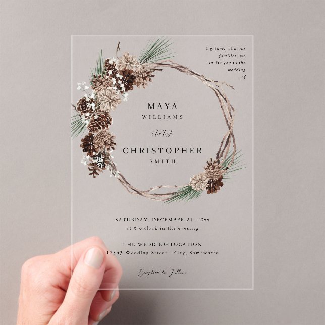Winter White Floral & Pine Wedding Wreath Acrylic Invitations (Insitu (Handheld))