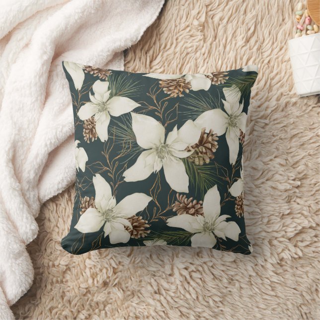 Winter White Floral with Pine Cones Throw Pillow (Blanket)