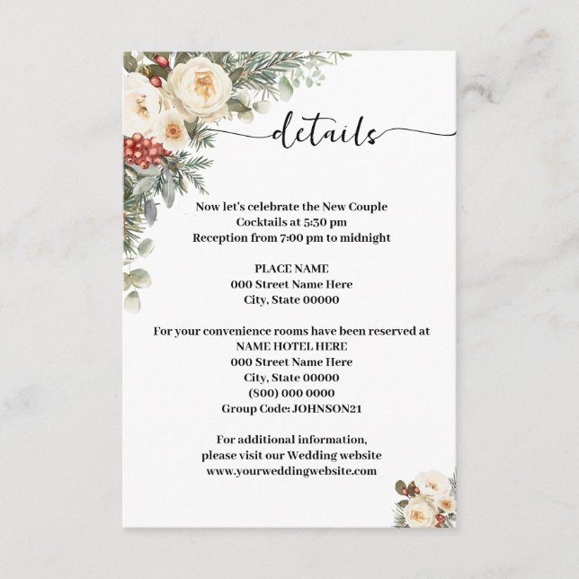 Winter White Flowers Details Wedding Enclosure Card (Front)