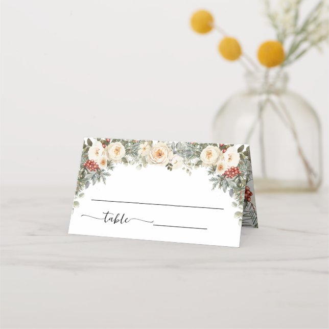 Winter White Flowers Wedding Seating Folded Place Card (Front)