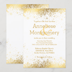 Winter White & Gold Snowflakes Wedding Invitation