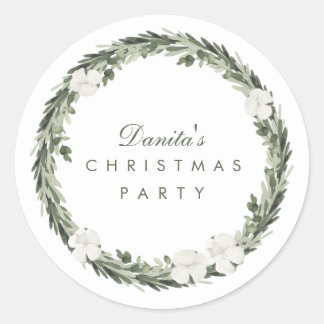 Winter White Green Christmas Wreath Personalized Classic Round Sticker