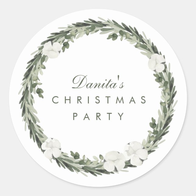 Winter White Green Christmas Wreath Personalized Classic Round Sticker (Front)