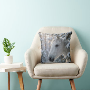 Winter White Horse In Snowy Pine Tree Throw Pillow