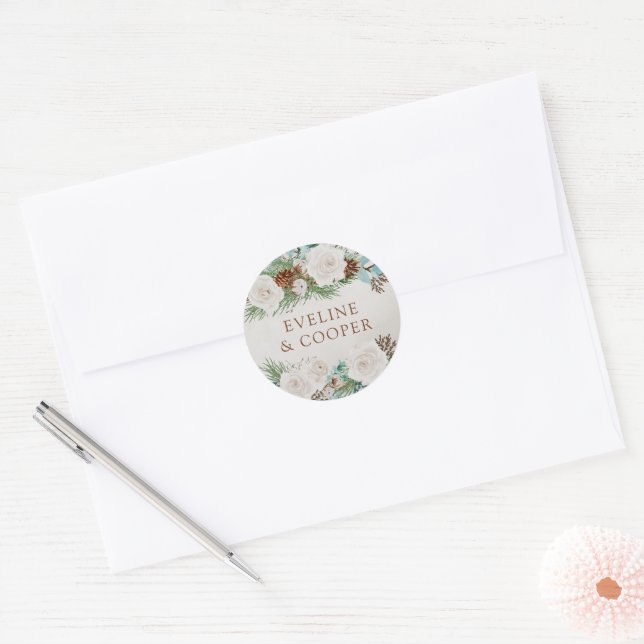Winter White Rose and Pine Cone Personalized Classic Round Sticker (Envelope)