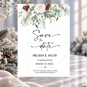 Winter White Rose Evergreen Pinecone Save the Date