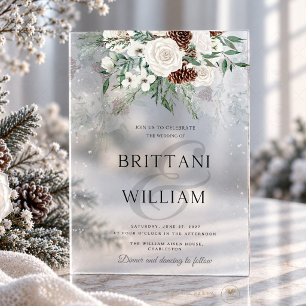 Winter White Rose Evergreen Pinecone Wedding Acrylic Invitations