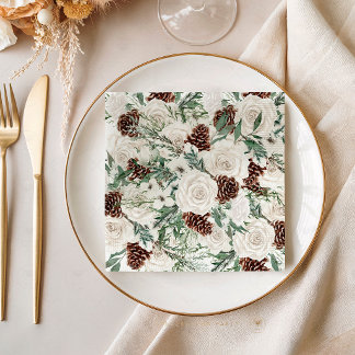 Winter White Rose Evergreen Pinecone Wedding Napkin