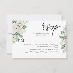 Winter White Roses Dogwood and Spruce Wedding RSVP Card
