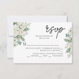 Winter White Roses Dogwood and Spruce Wedding RSVP Card