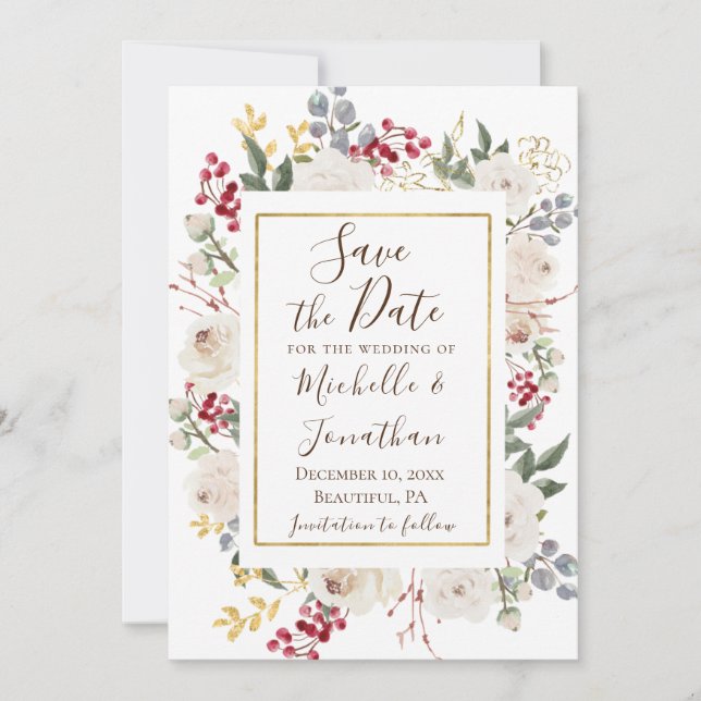 Winter White Roses Red Berries Gold Frame Save The Date (Front)