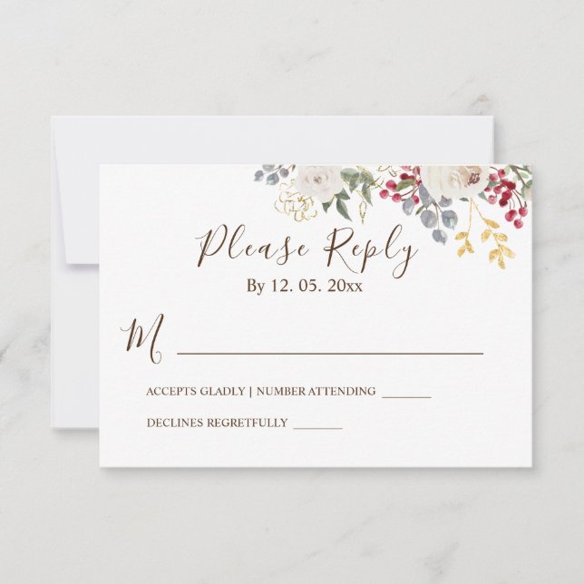 Winter White Roses Red Berries Gold Leaves Floral RSVP Card (Front)