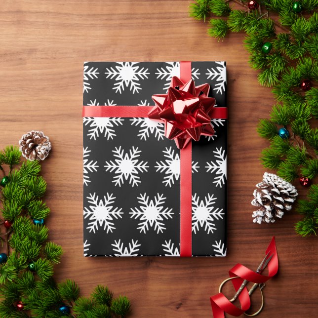 Winter White Snowflake Christmas Holiday Black Wrapping Paper (Holiday Gift)