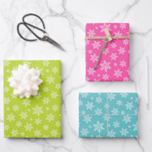 Winter White Snowflakes on green pink and blue