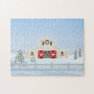 Winter White Snowy Christmas Barn Jigsaw Puzzle