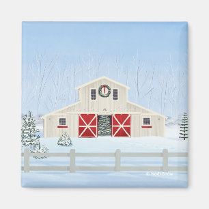 Winter White Snowy Christmas Barn Magnet