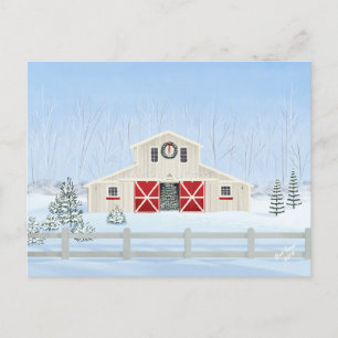 Winter White Snowy Christmas Barn Postcard