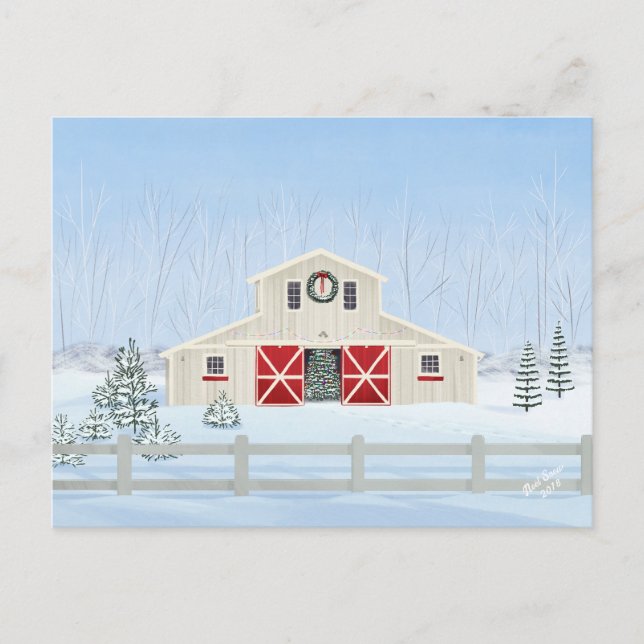 Winter White Snowy Christmas Barn Postcard (Front)