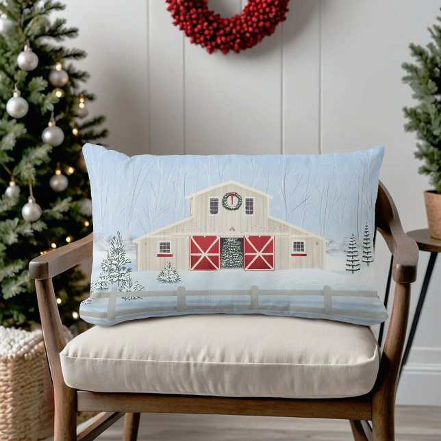 Winter White Snowy Christmas Barn Red Doors Lumbar Pillow (Creator Uploaded)