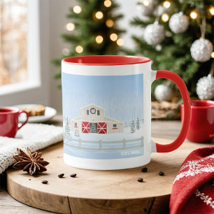 Winter White Snowy Christmas Barn Red Doors Mug